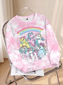 My Little Pony X SHEIN Plus Size Tie-Dye Cartoon Print Crew Neck Sweatshirt Fall - White - View 1