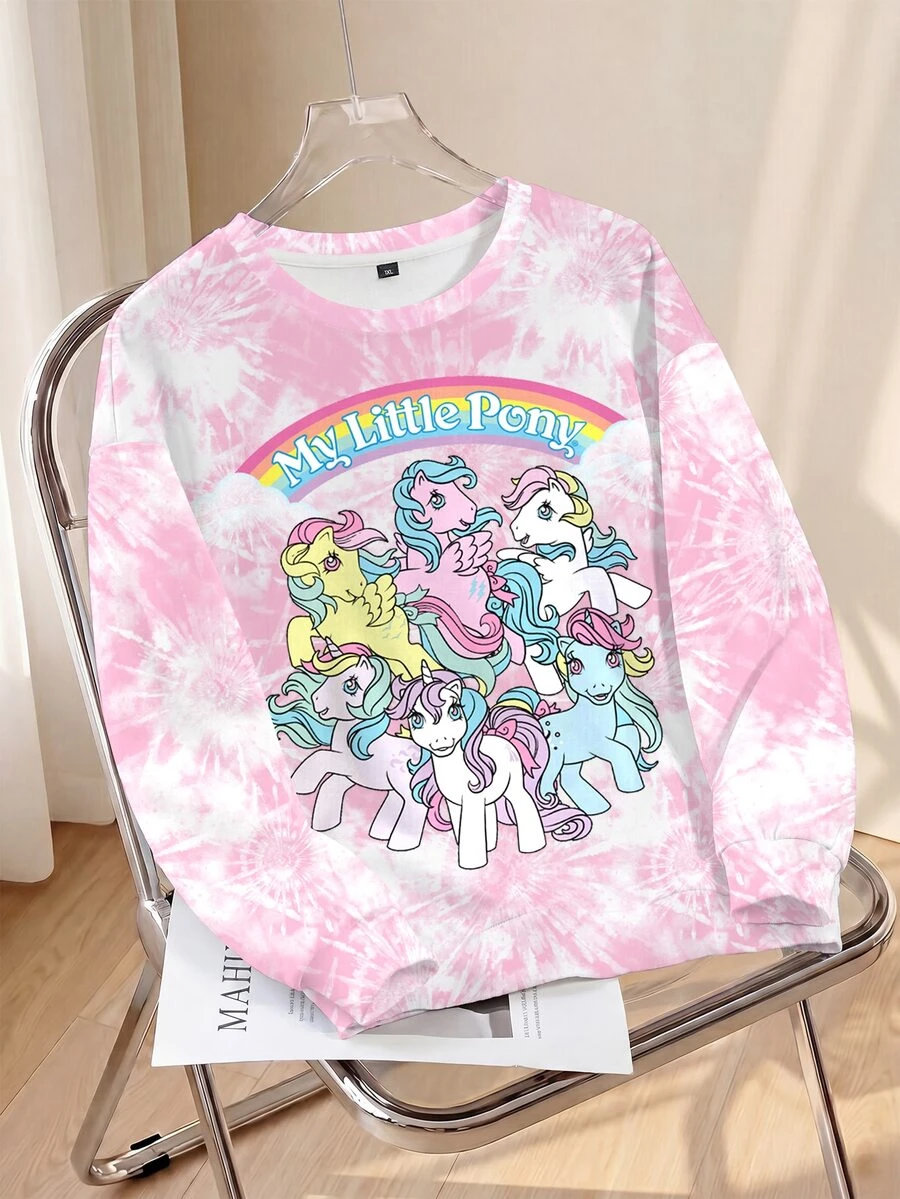 My Little Pony X SHEIN Plus Size Tie-Dye Cartoon Print Crew Neck Sweatshirt Fall - White - View 1