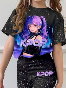 兒童彩色紫色漸層黑 K-Pop Superstars 青少年女孩圓領短袖T恤與喇叭褲兩件套，適合夏季 - 白色 - 查看 5