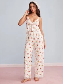 Elorette Pink 2pcs Camisole + Pants Embroidered Floral Print All-Over Print Ruffle Trim Romantic Pastoral Women's Pajama Set - Pink - View 3