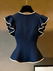 GlowEve CURVE Plus Size Women Solid Navy Contrast Piping Round Neck Ruffle Cap Sleeve Peplum Hem Slim Fit Elegant Blouse Back Zip Daily Commute Going Out Top - White - View 2