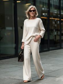 Offisola Women's Fashion Minimalist Ribbed Knit 2 Pieces Set With Asymmetrical Hem And Folded Cuffs, Casual Commuter Elegant Outfit, Suitable For Mom Wear - Apricot - View 3