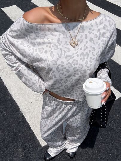 Muchica Vintage Leopardenmuster Langarm Asymmetrisches Schulter Top und Hose Set