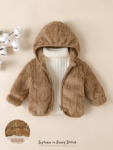 Cozy Pixies 嬰兒女童男童卡通動物豹紋抓絨內裡加厚連帽拉鍊長袖外套夾克，適合冬季 - 卡其色 - 查看 7