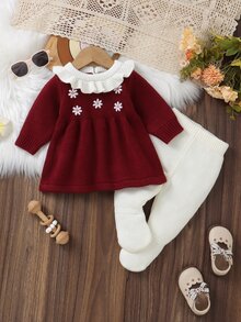 Set 2 Potong Warna Pink untuk Bayi Baru Lahir: Gaun Sweater (Kerah Ruffle + Bordir) + Legging Kasual, Gaya Sederhana dan Manis - Burgundy - View 8