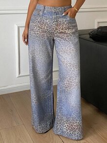 Dazy Plus Plus Size Women's Autumn Gradient Leopard Print Washed Blue Loose Straight Leg Wide Leg Casual Streetwear Denim Jeans - Medium Wash - View 6