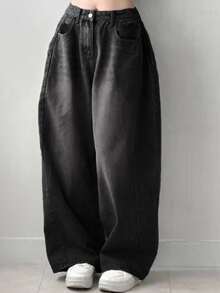 Dazy Plus Vintage Washed Distressed Loose Street Casual Versatile Black Long Denim Jeans Autumn New - Black - View 1