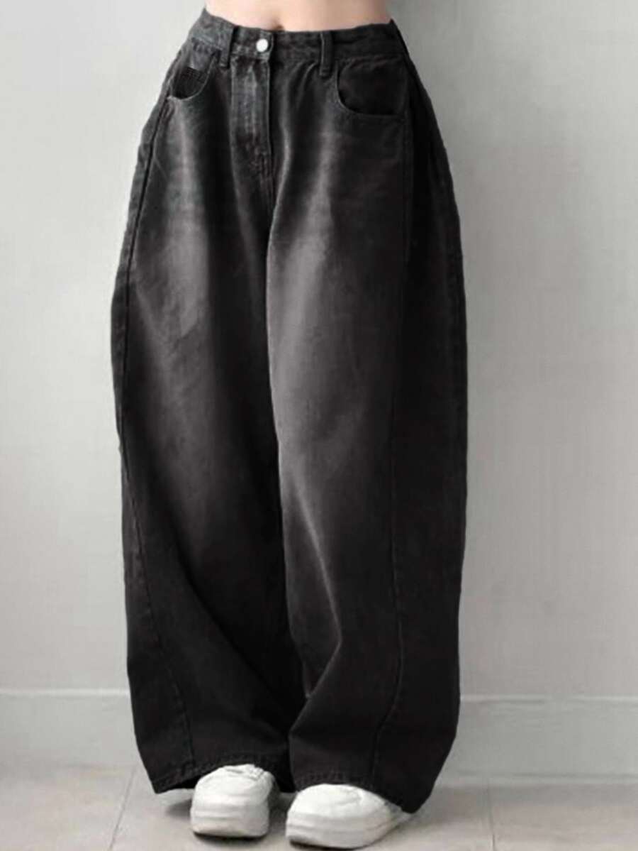 Dazy Plus Vintage Washed Distressed Loose Street Casual Versatile Black Long Denim Jeans Autumn New - Black - View 1