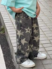 Hapijoa Young Boy Fashion Star Pattern Printed Denim Jeans With Pockets Fall - Army Green - View 1