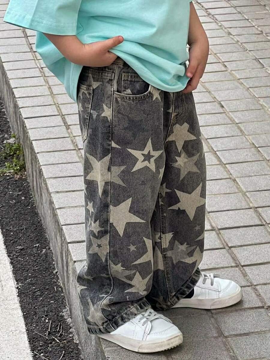Hapijoa Young Boy Fashion Star Pattern Printed Denim Jeans With Pockets Fall - Army Green - View 1