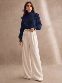 Anewsta Women's New Pink Stand Collar Ruffle Patchwork Lace French Romantic Ruffle Long Sleeve Blouse - Navy Blue - View 7
