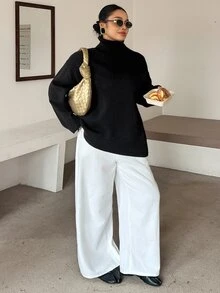 Dazy Plus Solid Color Casual Versatile Loose High Neck Autumn/Winter Long Sleeve Pullover Sweater - Black - View 5