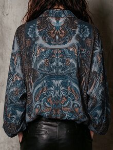 Linhara CURVE Plus Size Women's Bohemian Vintage Print Woven Shirt, Spring/Autumn, Lapel Collar, Half-Button Front, Loose Fit, Dropped Shoulder, Relaxed Casual Style - Blue - View 2