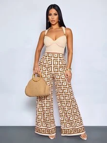SOLERSUN Women's Floral Print Wide-Leg Trousers For Spring And Summer, Stylish And Versatile For Parties. - Brown - View 3