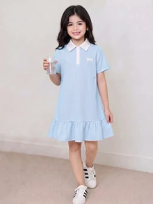 SHEIN 少女休閒舒適立領拼色羅紋素色洋裝，返校季公主風，適合畢業派對、生日派對，Y2K時尚街頭個性甜酷女孩風 - 藍色 - 查看 4