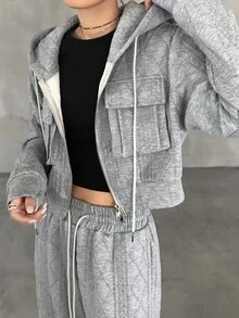 FRIFUL Damen 2er Set Reißverschluss Langarm Kapuzenpullover und Hose mit Kordelzug Taille und Taschen - Grau - Übersicht 6