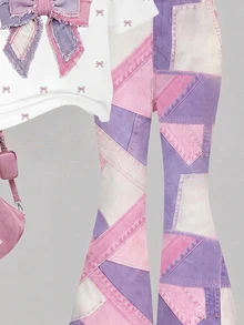 SHEIN Elladie kids 2件組復古粉色蝴蝶結印花T恤與喇叭褲，可愛夏季返校女童套裝，Y2K校園風，新款圓領短袖T恤搭配鬆緊腰喇叭長褲，簡約百搭時尚通勤套裝 - 彩色 - 查看 4