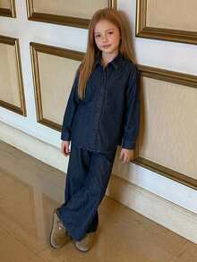 DAZY Tween Girl Loose Casual Long Sleeve Shirt Top + Straight Leg Loose Denim Pants Set Fall - Dark Wash - View 6