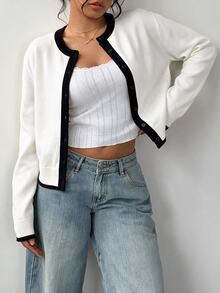 SHEIN BASICS Women's Contrast Trim Thin Cardigan - White - View 5