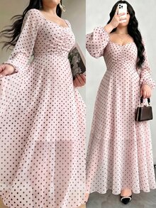 Modelyn Spring/Autumn Polka Dot Cinched Cinched Waist Elegant Fashionable Flared Long Dress - Multicolor - View 6