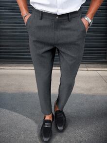 Manfinity Mode 男士休閒修身西裝正式長褲，辦公穿著休閒西裝褲正式款 - 深灰色 - 查看 1