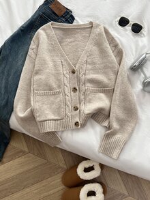 Elamini Women's Autumn/Winter Lazy Fashion Versatile Sweet Style Daily Streetwear Photo-Worthy Cable Knit Cardigan - Apricot - View 4