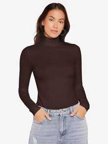 SHEIN BASICS High Neck Long Sleeves Rib-Knit Form Fitted Tee Tops For Women Black Tops - Coffee Brown - View 4