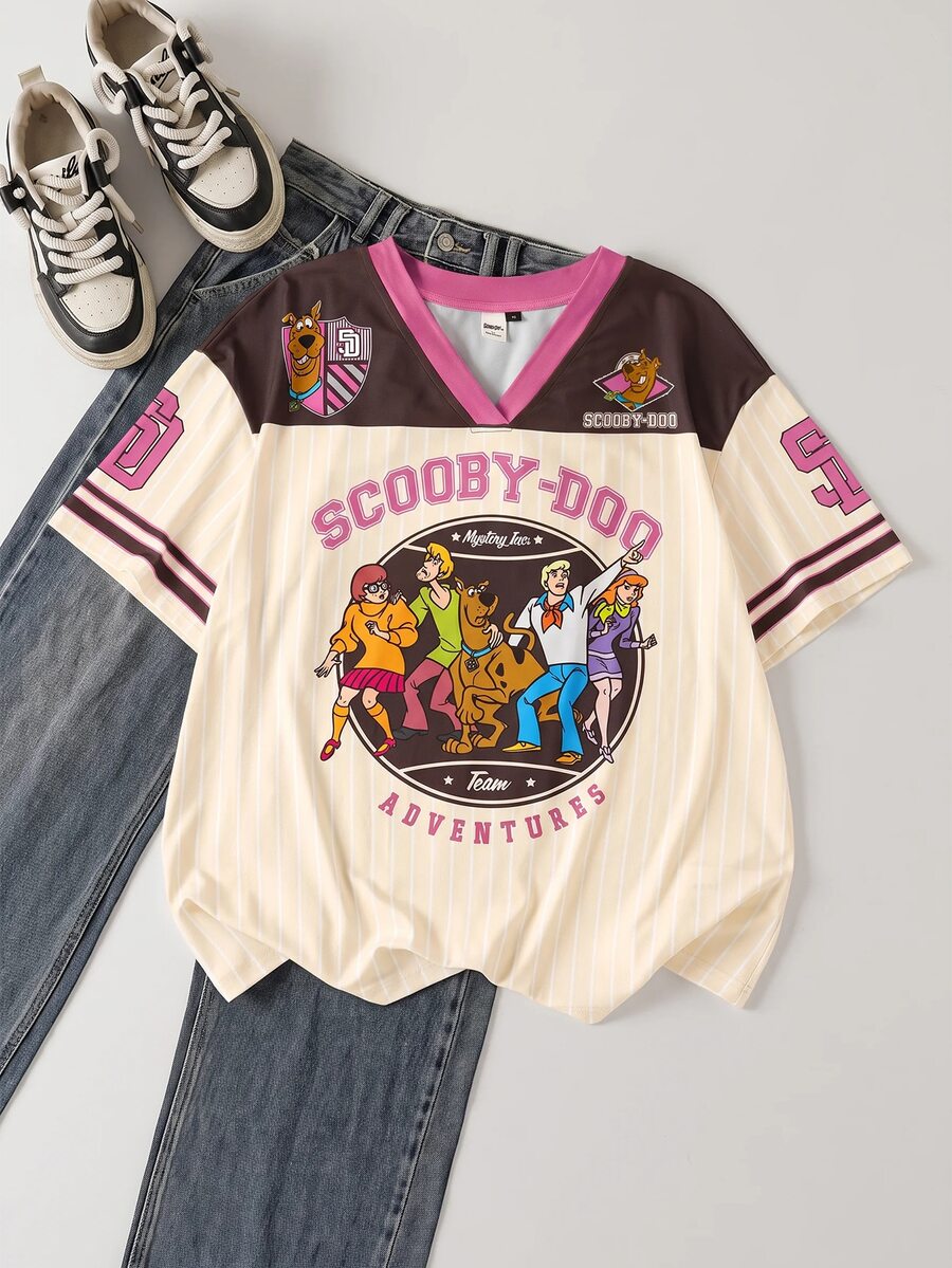 SCOOBY-DOO X SHEIN 女款V領短袖休閒百搭T恤 -DOO - 棕色 - 查看 1
