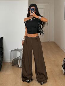 SHEIN Tall CURVE 大尺碼女款夏季街頭風商務休閒優雅約會辦公穿搭時尚極簡拼色蕾絲黑色長褲 - 咖啡棕 - 查看 7