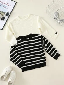 SHEIN 2件組返校季小男孩黑白條紋紋理寬鬆套頭毛衣，居家、疊穿、外出與學校穿搭的百搭多件套裝 - 黑與白 - 查看 4
