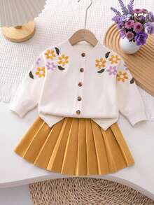 SHEIN 女嬰針織休閒刺繡毛衣與裙子兩件套 - 彩色 - 查看 3