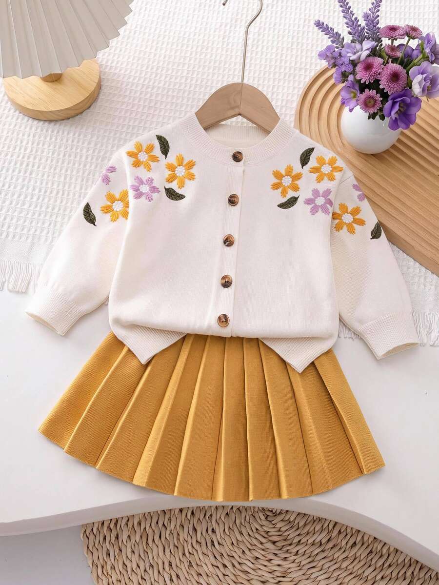 SHEIN Baby Girl Knitted Casual Embroidered Sweater & Skirt 2 Pieces Set - Multicolor - View 1