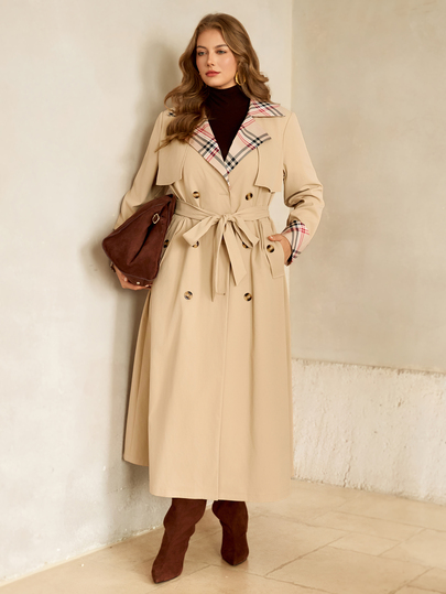 Roveilla Lässiger eleganter minimalistischer doppelt geknöpfter Trenchcoat mit geraffter Taille, kariertem Farbblockdesign in Khaki, langen Ärmeln, extra lang, in Große Größen