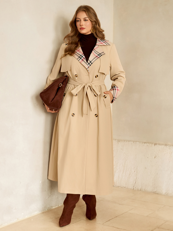 Roveilla Abrigo largo extra largo de talla grande estilo trench, casual elegante minimalista, de doble botonadura, cintura ceñida, a cuadros con bloques de color caqui, manga larga