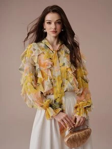 BELROSIE Áo blouse tay dài thanh lịch phong cách Âu Mỹ, thời trang mới thu đông, đa năng, in kỹ thuật số sợi kim tuyến, voan chiffon nhiều lớp bèo nhún thắt dây - Nhiều màu - Xem 7