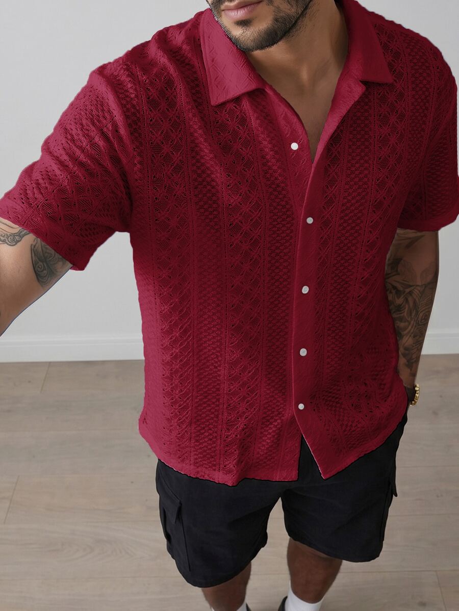 HUEFORM Kemeja Pria Lengan Pendek Warna Polos, Serbaguna dan Modis - Burgundy - View 1