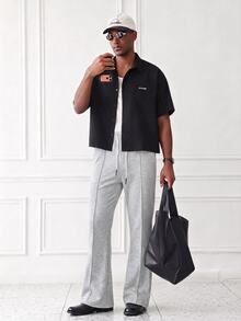 HUEFORM Men's Light Gray Center Seam Straight Leg Sweatpants, Elastic Waist Drawstring Draped Wide Leg Casual Pants, Minimalist Versatile Loose Floor Length Trousers - Light Grey - View 3