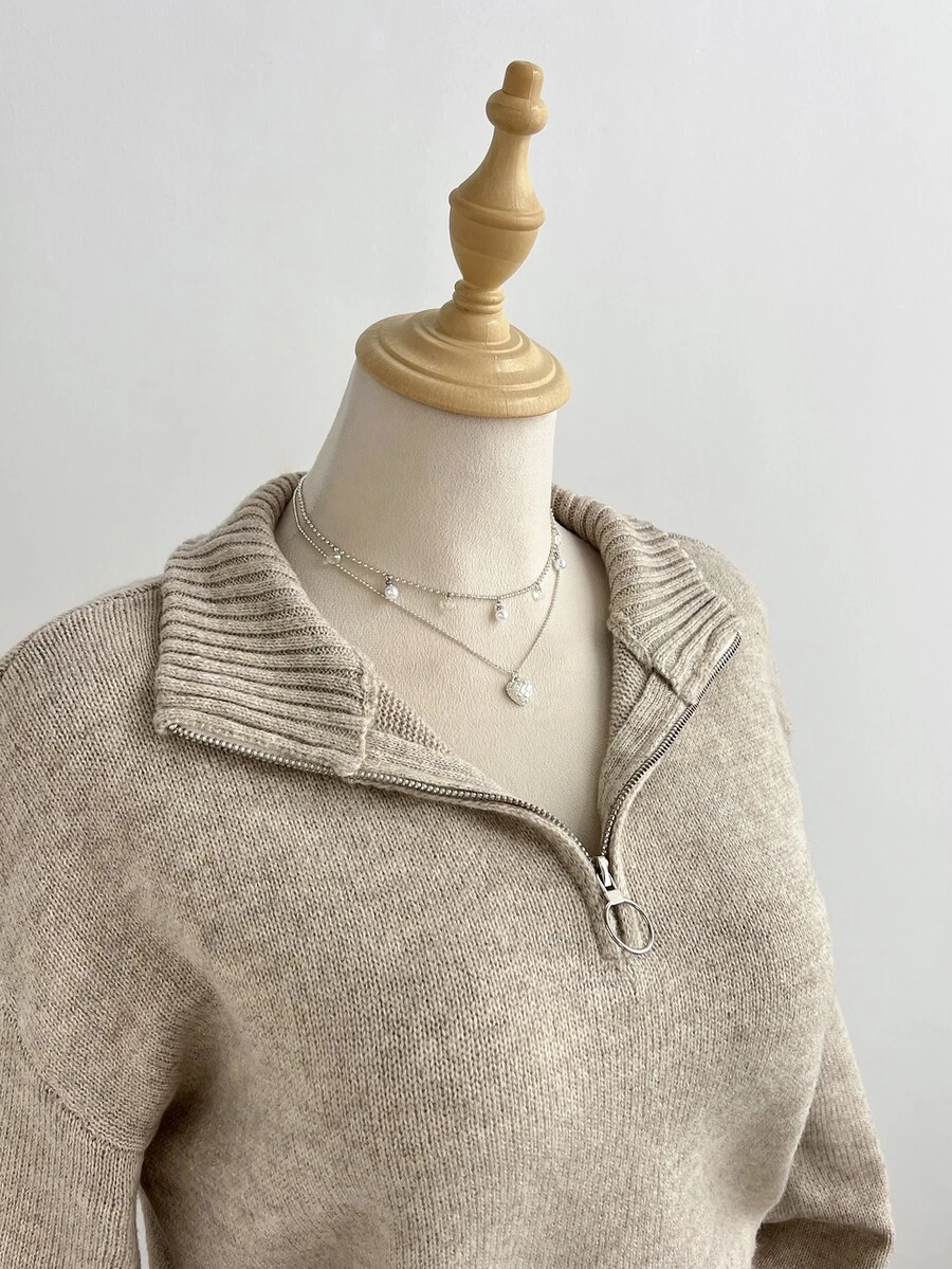 Elamini Sweater Pullover Leher Tinggi Setengah Resleting untuk Wanita, Cocok untuk Musim Gugur/Dingin, Mode Santai, Serbaguna, Minimalis, dan Kasual, Cocok untuk Perjalanan Sehari-hari - Khaki - View 1