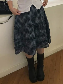 Dazy Plus Korean Style Plaid Skirt For Girls, Spring Summer Autumn All-Season Versatile - Navy Blue - View 2