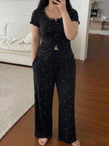 Dazy Plus 2pcs Lace Patchwork Short Sleeve Cardigan Top & Straight Leg Long Pajama Pants Sleepwear Set - Black - View 6
