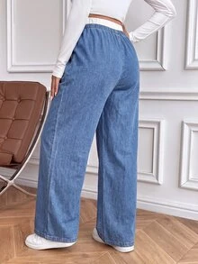 SHEIN Maternity Drawstring Waist Contrast Pocket Denim Jeans Cowgirl Outfit For Women Country Office Outfits For Women - Blue - View 2