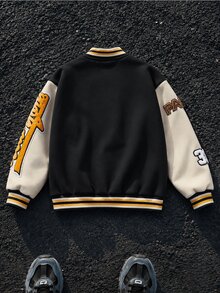 SHEIN 男童秋季拼色拼接保暖內裡棒球夾克，新款秋冬兒童NY字母刺繡貼布夾克，復古美式棒球風加厚上衣，小男孩街頭休閒立領，街頭嘻哈學院風 - 藍色 - 查看 2