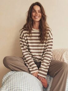 Livesso Women's Striped Colorblock Long Sleeve Top And Casual Long Pants Pajama Set Fall - Khaki - View 1