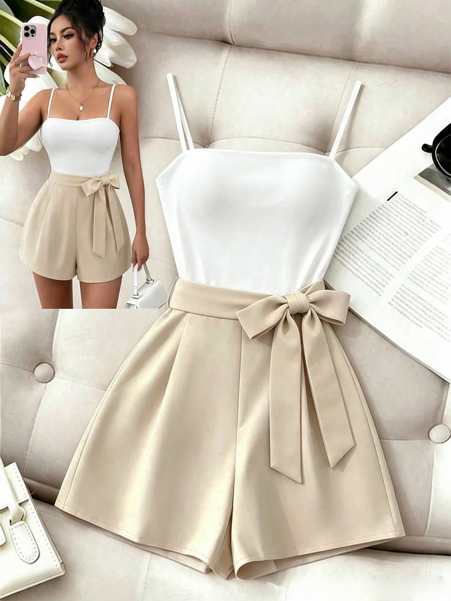 GlowEve Women's White Color Block Cami Jumpsuit, Bowknot Waist High Waist Slim Fit Romper Brunch Vacation Summer Elegant - Multicolor - View 1