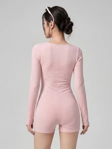DAZY Women's Solid Color Bow Decor Long Sleeve Athletic Romper Fall - Pink - View 7