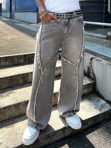 Manfinity EMRG 男士休閒街頭風拼接毛邊灰色水洗牛仔直筒寬腿長褲 - 灰色 - 查看 3
