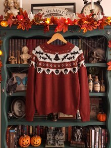 Elamini Women's Burgundy Holiday Autumn/Winter Spooky Halloween Pattern Sweater. Halloween Essentials. - Multicolor - View 2