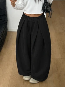 SHEIN 青少年女孩秋冬針織黑色休閒抽繩口袋百褶寬鬆闊腿運動長褲，百搭黑色長褲 - 黑色 - 查看 4