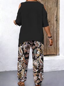 EMERY ROSE 2pcs Plus Size Cold Shoulder Short Sleeve Top & Casual Loose Comfortable Pants Set, Plus Size Printed Outfit - Multicolor - View 2