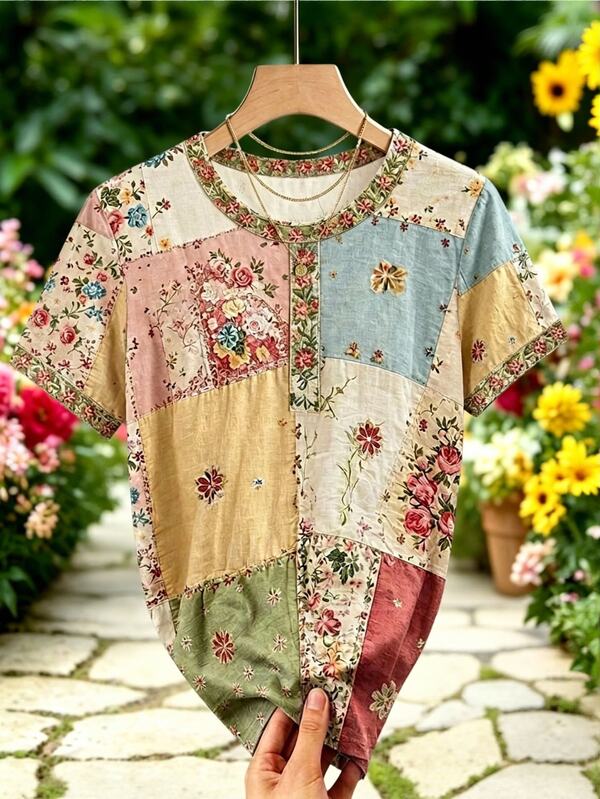 EMERY ROSE Plus Size Women's Boho Floral Patchwork Pattern Short Sleeve Crew Neck T-Shirt,Casual Summer Tee Top